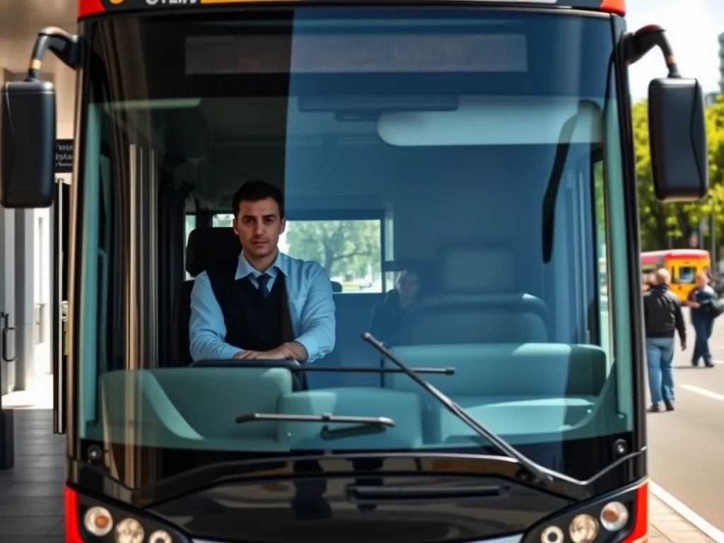 Kierowca autobusu miejskiego w Warszawie za kierownicą, skupiony podczas pracy na słonecznej ulicy pełnej pasażerów.