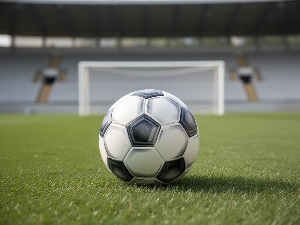 Piłka nożna leżąca na murawie pustego stadionu, symbolizująca realia gry i zarobków piłkarzy w 2 lidze.