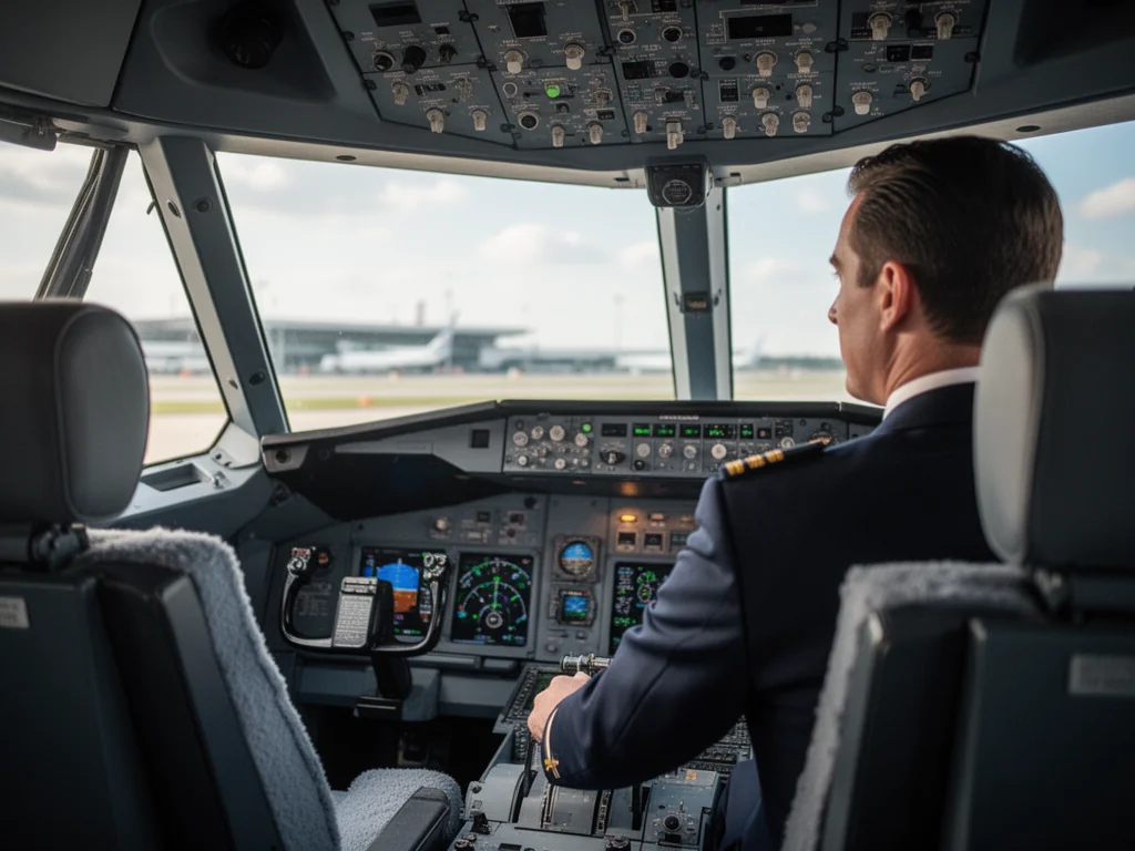 Pilot Ryanair w nowoczesnym kokpicie samolotu przy sterach, widok na pas startowy i terminal w tle