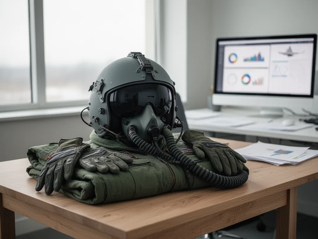 Hełm i maska pilota F-16 na złożonym kombinezonie, w tle biurowe wnętrze podkreślające profesjonalną karierę i zarobki pilotów.