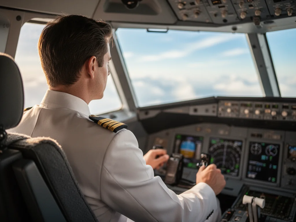 Pilot w nowoczesnym kokpicie pasażerskiego samolotu, trzymający stery podczas lotu w słoneczny dzień.
