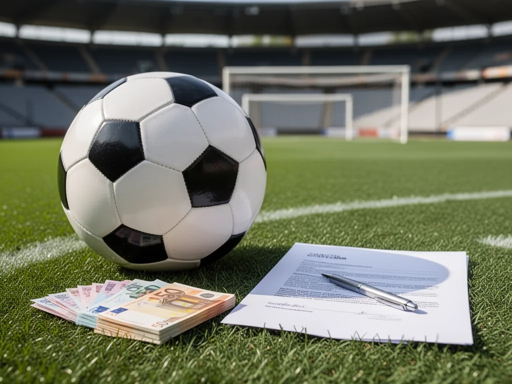 Piłka nożna na murawie obok euro i kontraktu, symbolizująca zarobki, premie i umowy piłkarzy 3 ligi