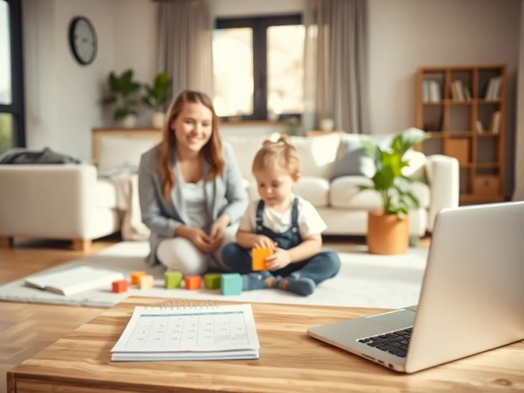 Opiekunka bawi się z maluchem w jasnym salonie, obok leżą laptop i kalendarz, podkreślające jej pracę i organizację czasu.