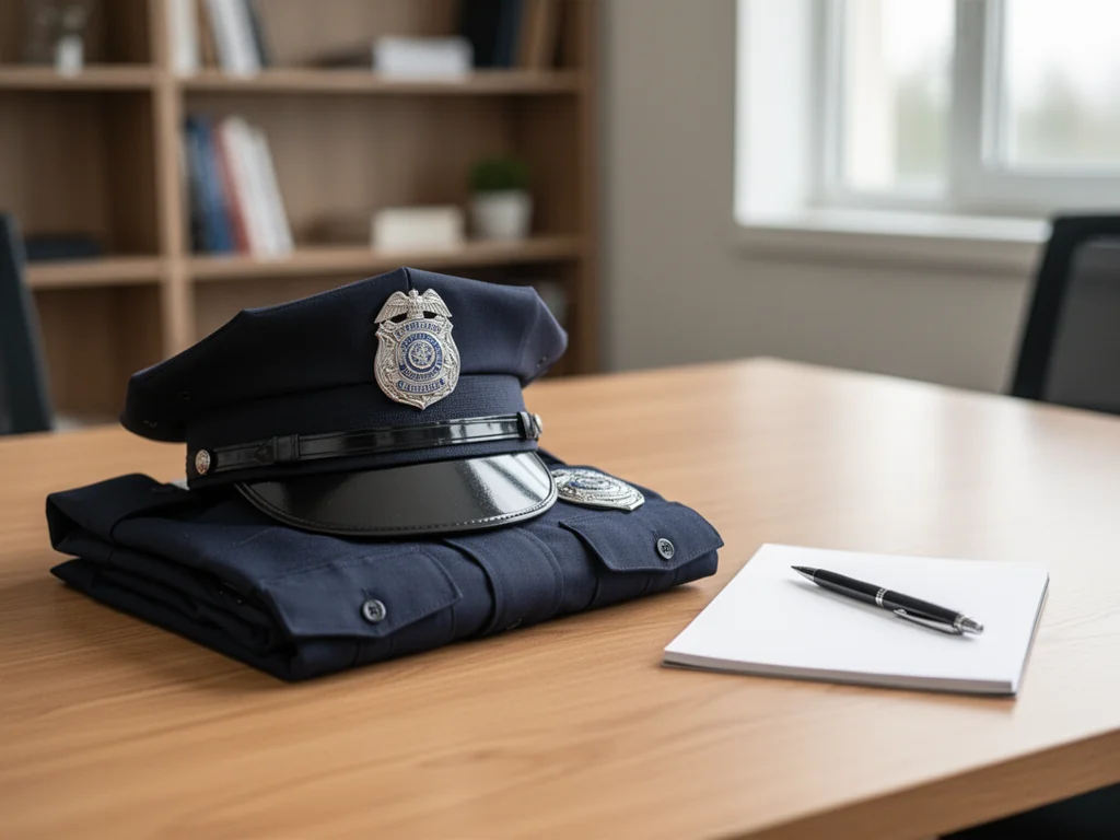 Czysto ułożona czapka i mundur policjanta na biurku obok notatnika, symbolizujące pracę w policji i miesięczne zarobki