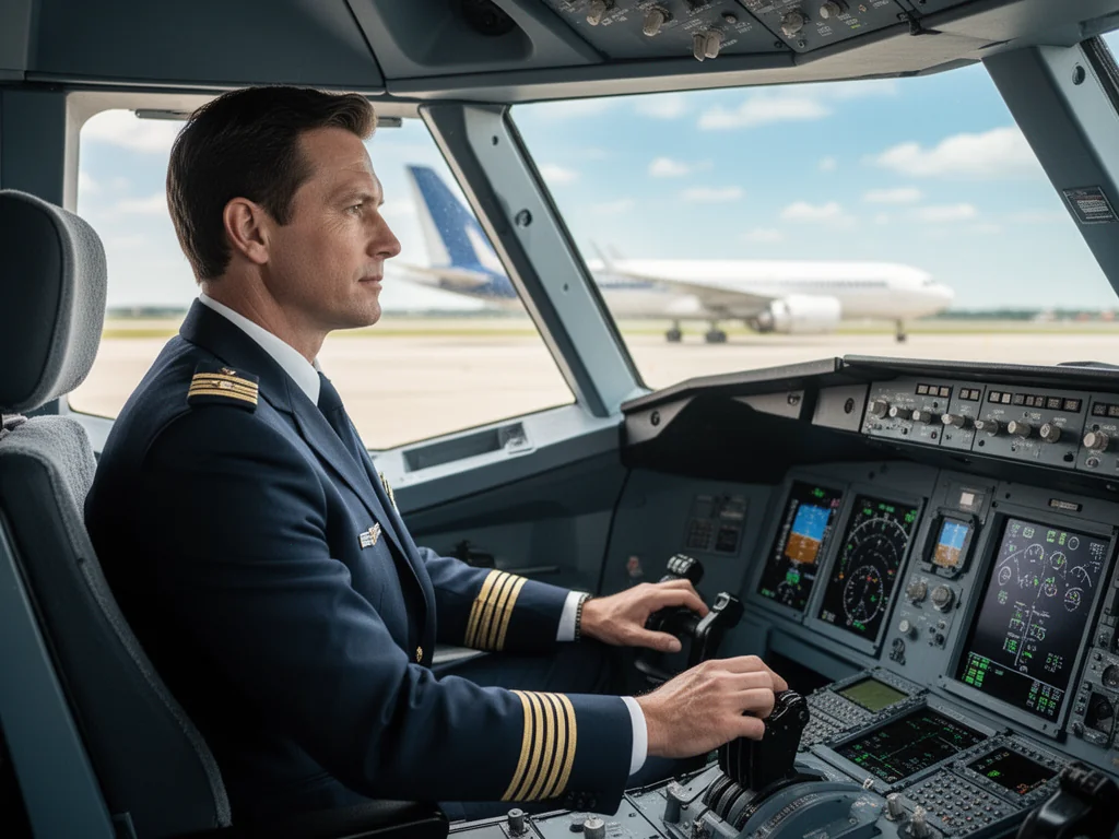 Pilot w nowoczesnym kokpicie pasażerskim, dłonie na sterach, w tle pas startowy i samolot – symbol kariery i zarobków pilota.