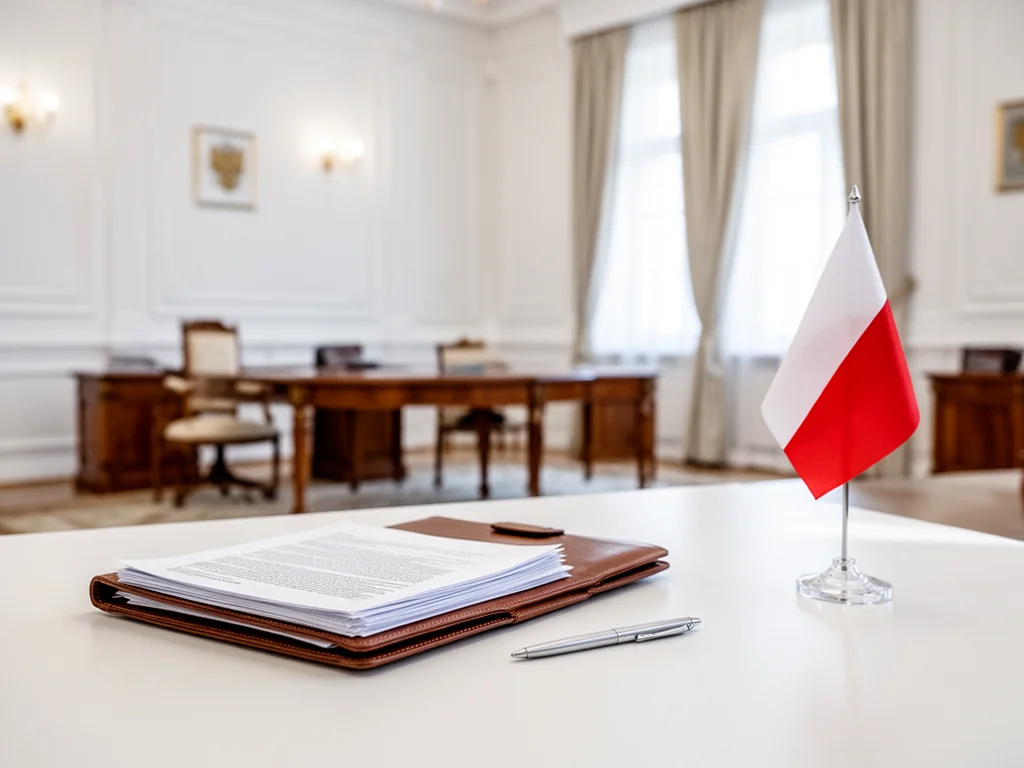 Eleganckie biurko z dokumentami, piórem i małą flagą Polski w urzędowym gabinecie, nawiązujące do pracy prezydenta RP.
