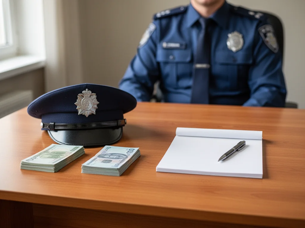 Czapka policyjna i plik banknotów na biurku, w tle policjant przy biurku – symboliczne ujęcie zarobków początkującego policjanta.