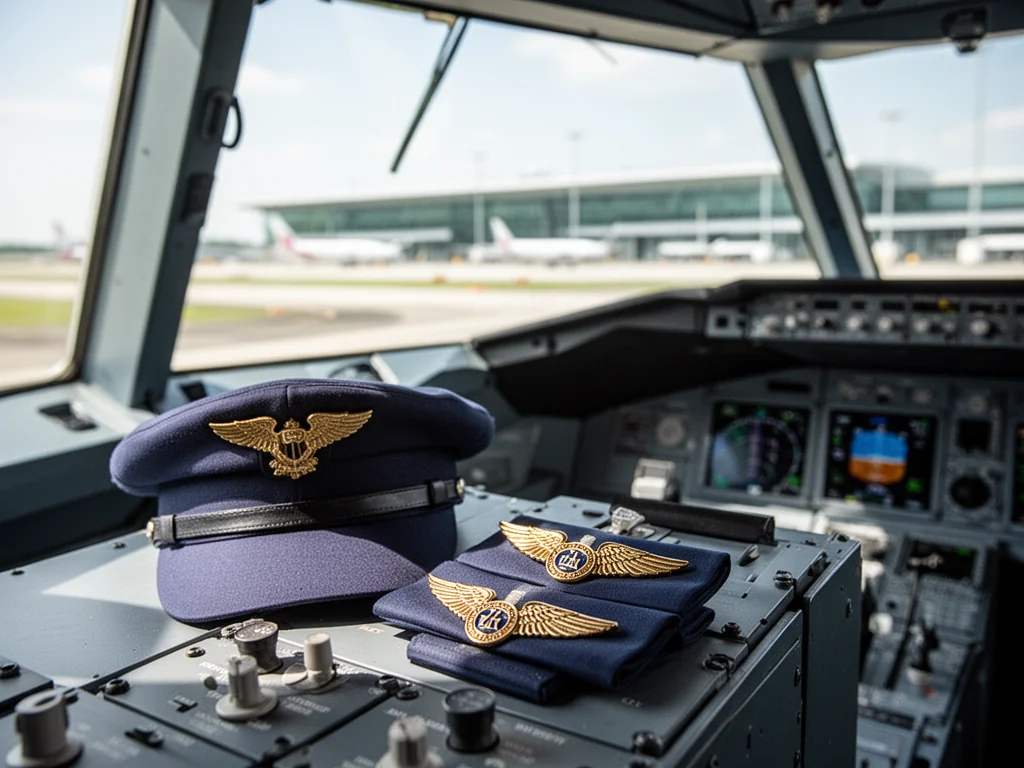 Czapka pilota i skrzydła na panelu kokpitu samolotu pasażerskiego, w tle pas startowy i terminal lotniska