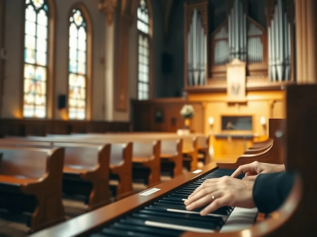 Organista grający na klawiaturze organów w ciepło oświetlonym kościele, w tle ławki i wysokie piszczałki organowe