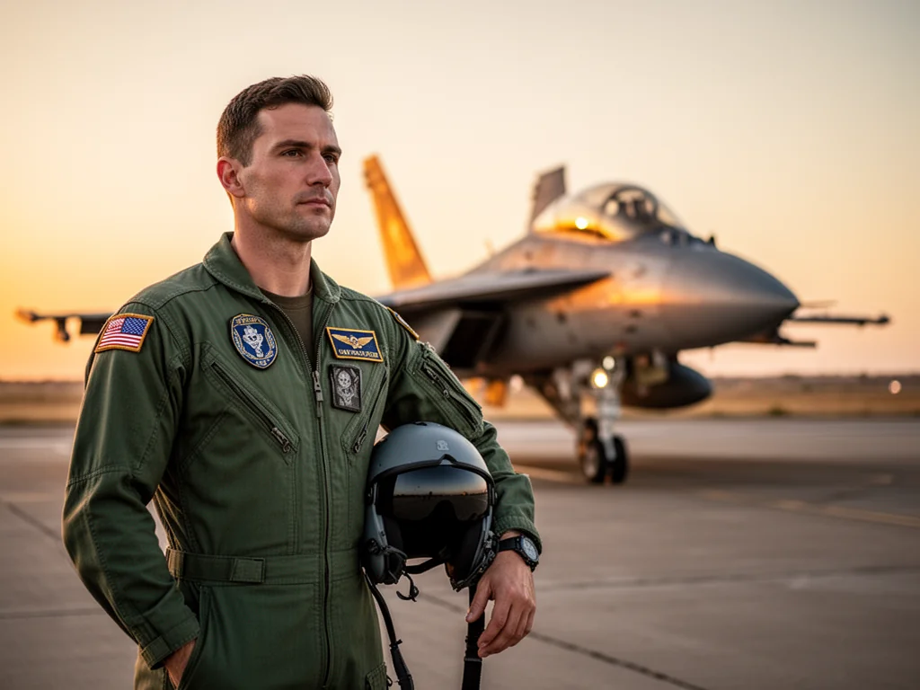 Wojskowy pilot w zielonym mundurze na lotnisku przy myśliwcu o zachodzie słońca, symbol prestiżu i wysokich zarobków.