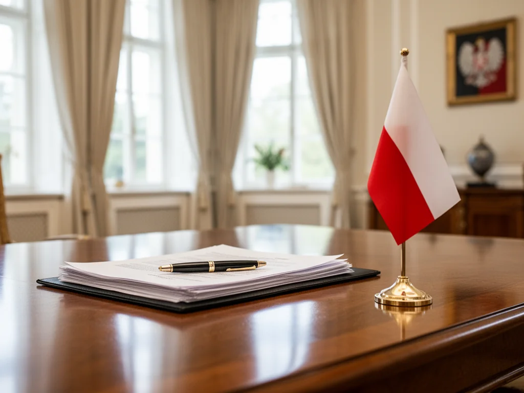 Eleganckie biurko w gabinecie rządowym z dokumentami, piórem i małą flagą Polski, symbolizujące urząd prezydenta i jego obowiązki.