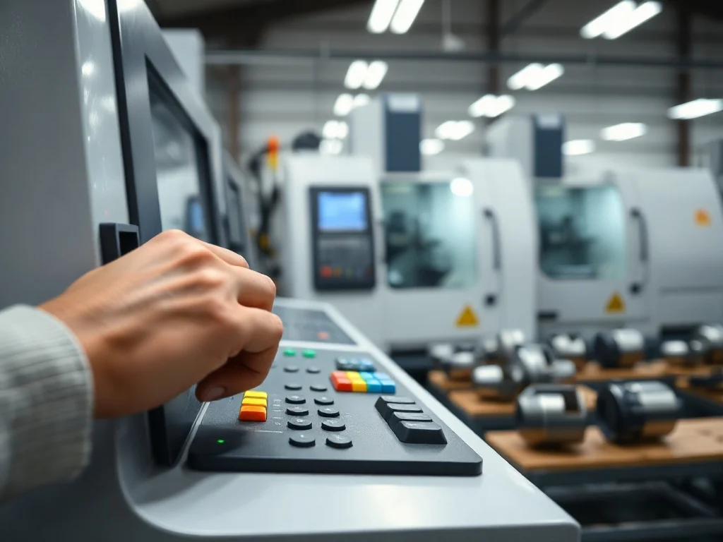 Operator ustawia kolorowe przyciski pulpitu CNC w nowoczesnej hali, symbolizując pracę i zarobki operatora CNC.