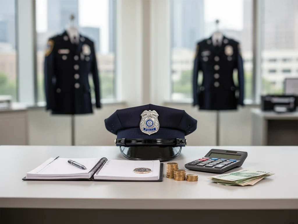 Biurko policjanta z czapką, odznaką i pieniędzmi symbolizujące zarobki i dodatki w służbie policyjnej
