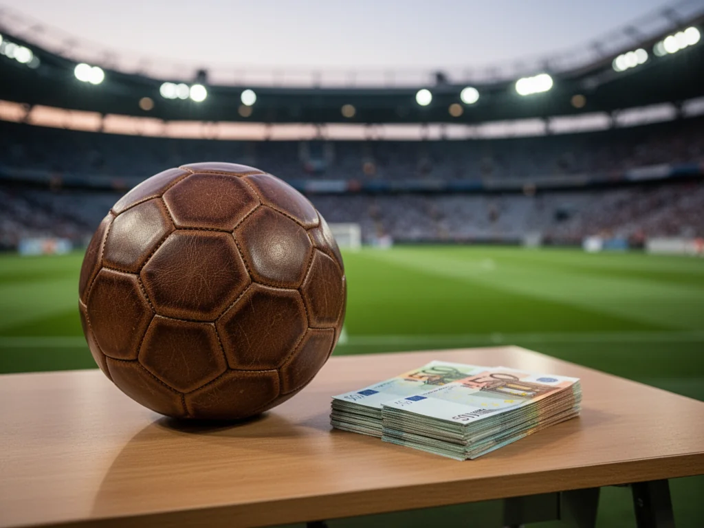 Skórzana piłka i banknoty euro na tle stadionu, symbolizujące pensję selekcjonera i finansową stronę futbolu.
