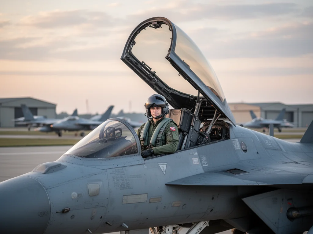 Pilot myśliwca F-16 w kabinie na polskim lotnisku wojskowym, symbolizujący zawód i zarobki polskiego pilota wojskowego