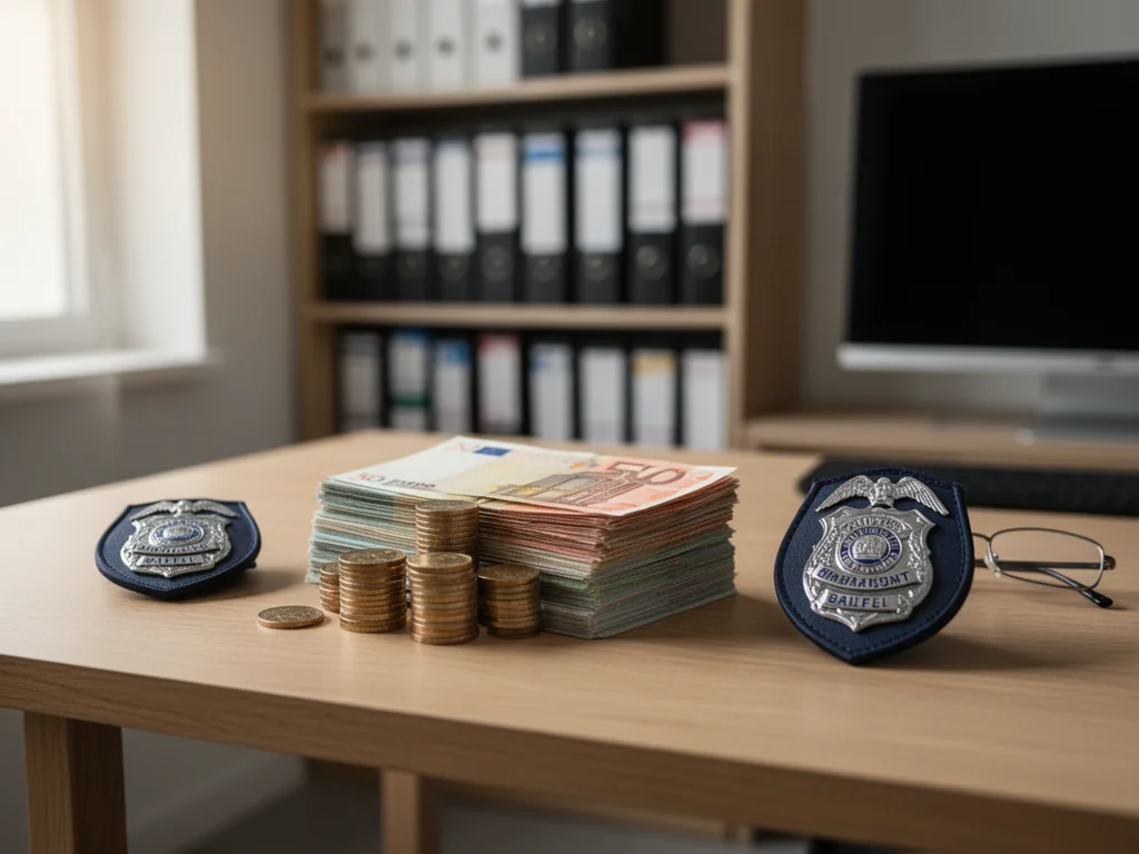 Stos eurobanknotów i monet obok policyjnej odznaki na biurku, symbolizujący zarobki policjanta kryminalnego