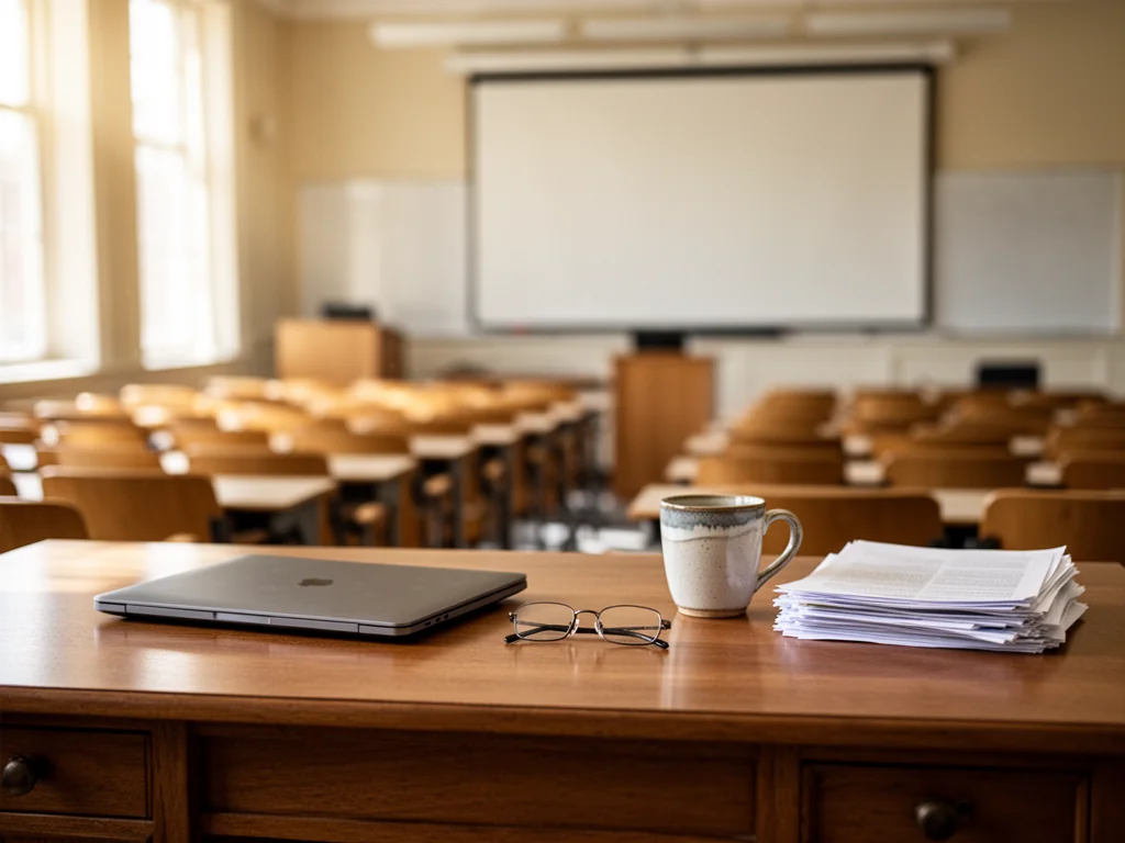 Biurko profesora z laptopem i notatkami na tle pustej sali wykładowej, symbolizujące pracę i zarobki na uczelni.