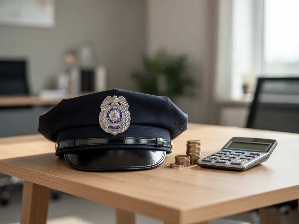 Policyjna czapka z odznaką obok monet i kalkulatora, symbolizująca zarobki policjanta na początku służby.