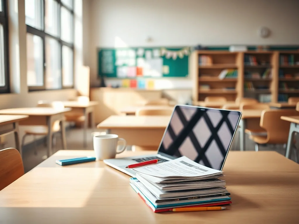 Biurko pedagoga szkolnego z laptopem i dokumentami na tle nowoczesnej, jasnej klasy, podkreślenie profesjonalnych warunków pracy