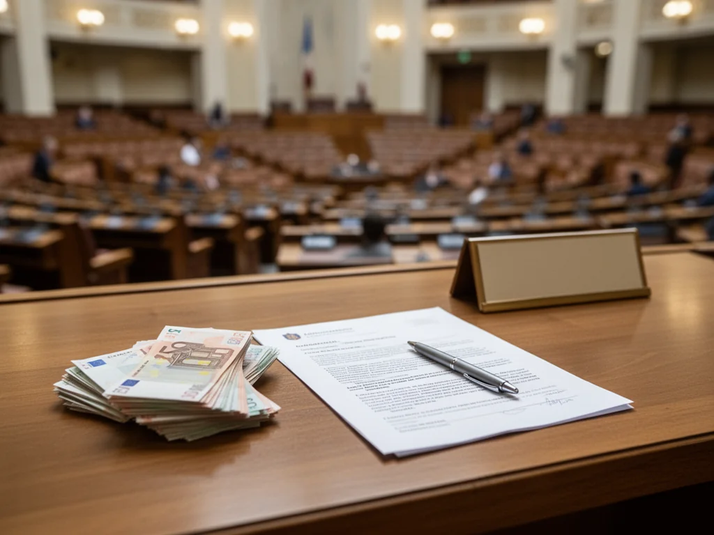 Biurko z eurobanknotami i dokumentem na tle sali sejmowej, symbolizujące zarobki i przywileje posłów