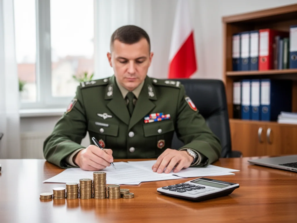Oficer Wojska Polskiego przy biurku analizuje dokumenty finansowe, obok kalkulator i monety symbolizujące zarobki i dodatki.