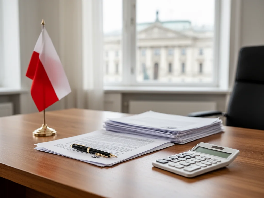 Biurko w gabinecie rządowym z dokumentami, kalkulatorem i polską flagą, symbolizujące obowiązki i wynagrodzenie premiera
