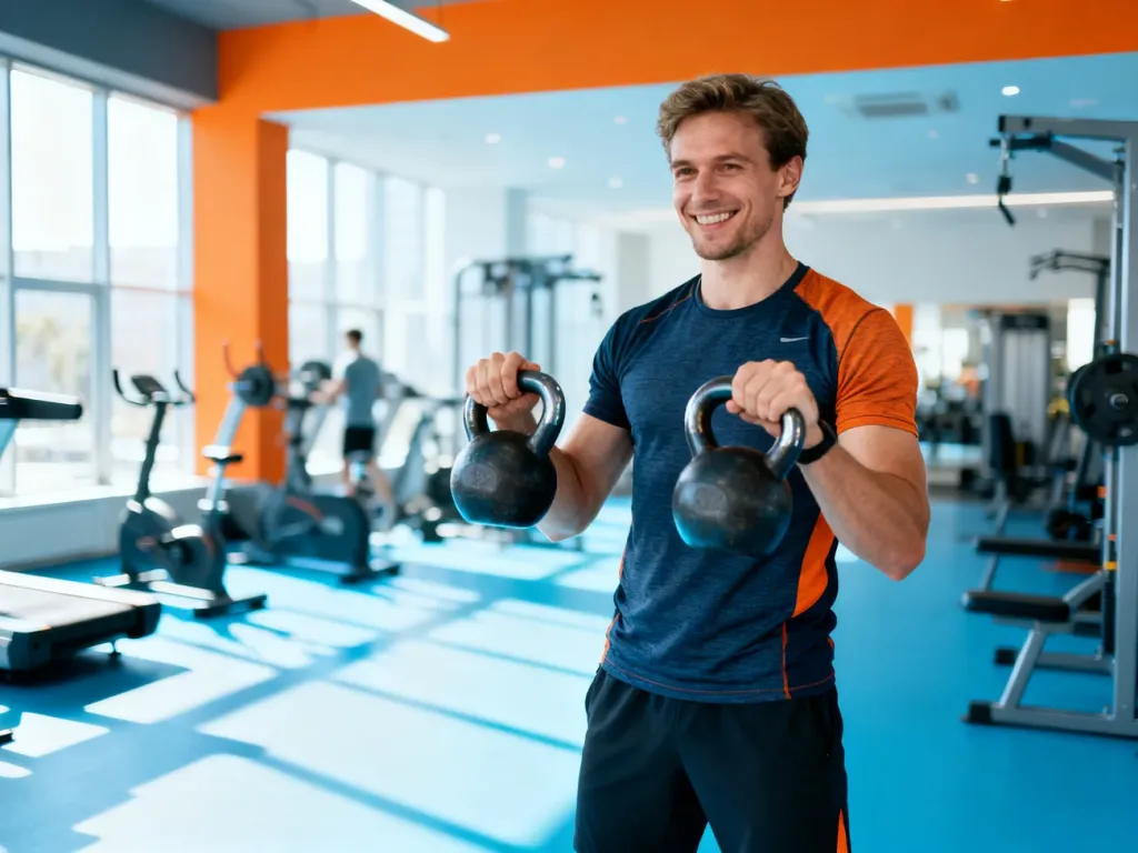 Trener personalny uśmiecha się, prezentując ćwiczenie z odważnikiem kettlebell w nowoczesnej siłowni.