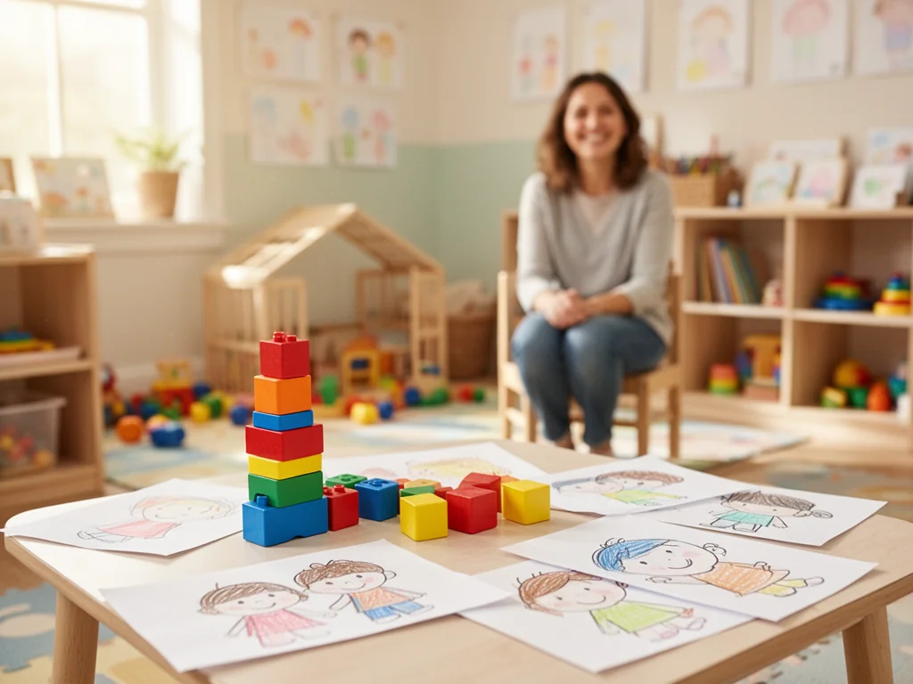 Przedszkolanka w przyjaznej sali z kolorowymi klockami, ilustrująca pracę i warunki w zawodzie nauczyciela przedszkola