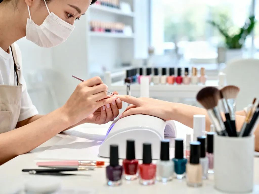 Stylistka paznokci wykonuje manicure przy nowoczesnym stanowisku, otoczona lakierami i narzędziami w jasnym, eleganckim salonie.
