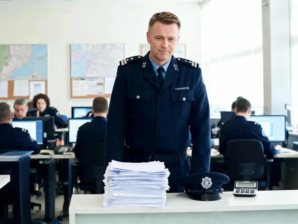Sierżant policji przy biurku analizuje dokumenty i oblicza zarobki, w tle funkcjonariusze pracujący przy komputerach.