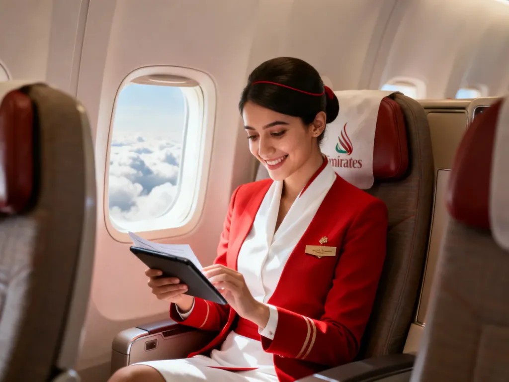 Stewardessa Emirates w eleganckim uniformie pracuje na tablecie w kabinie pierwszej klasy, uśmiechnięta przy oknie samolotu.