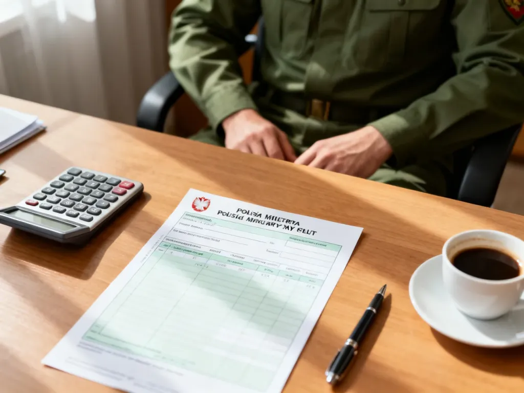 Żołnierz w zielonym mundurze analizuje polski pasek płacowy przy biurku, obok kalkulator i kawa – symbolika zarobków w wojsku.