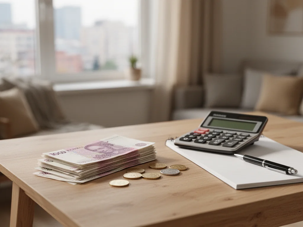 Plik banknotów i monety na biurku obok kalkulatora i notatnika, symbolizujące przeciętne zarobki Polaków.