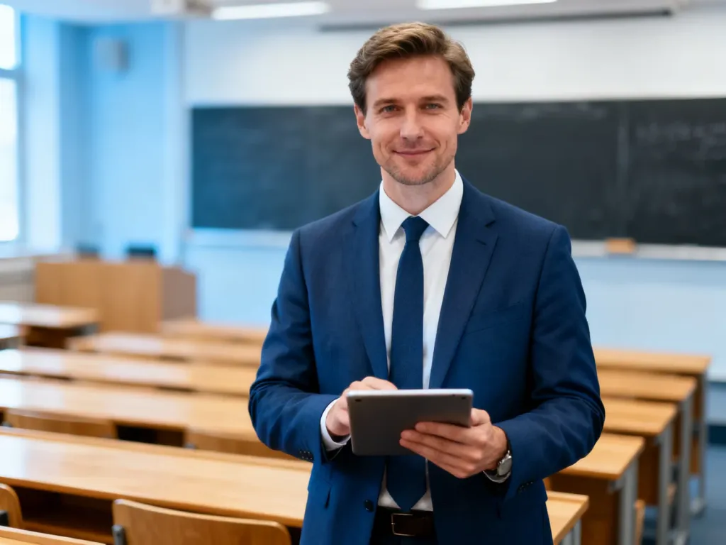Wykładowca z tabletem w nowoczesnej auli uniwersyteckiej, prezentujący profesjonalne środowisko pracy akademickiej.