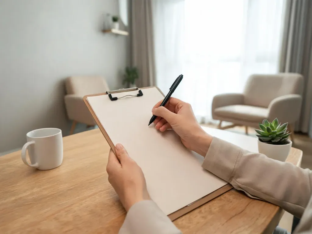 Nowoczesny gabinet psychoterapeuty, dłoń terapeuty z notatnikiem, spokojna atmosfera pracy i rozmowy z pacjentem.