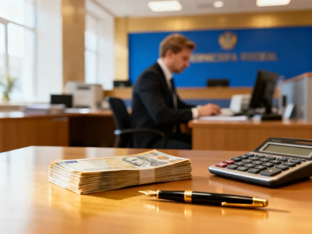 Stos banknotów, kalkulator i pióro na biurku urzędnika, symbolizujące kwestie finansowe w administracji samorządowej.