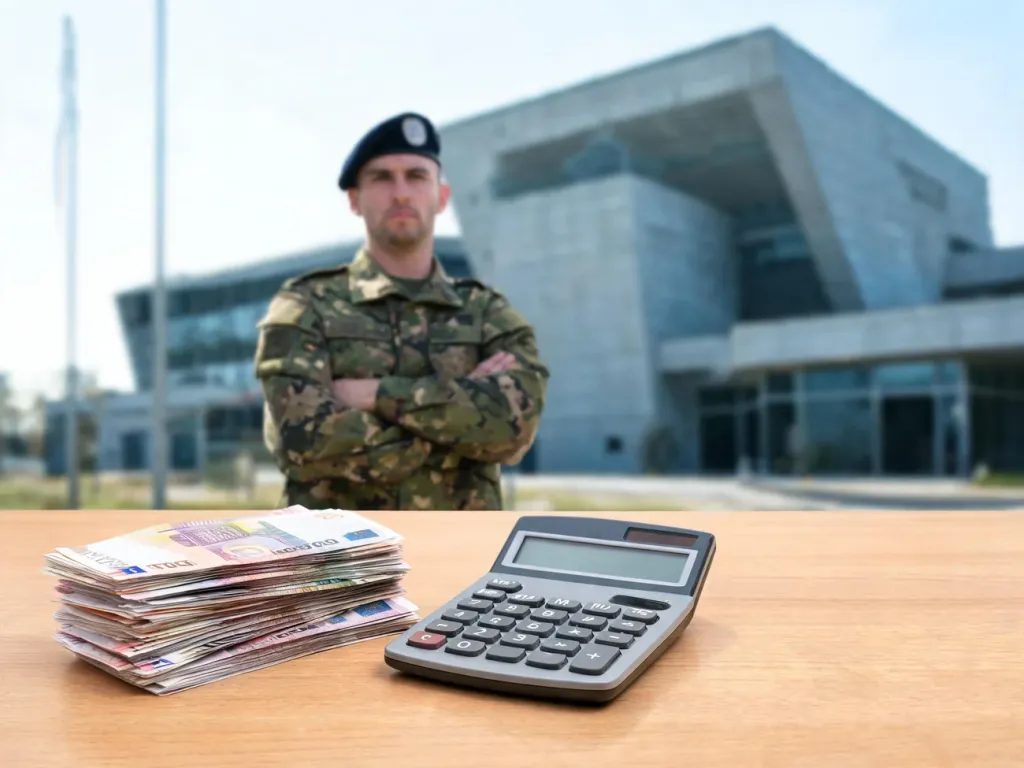 Stos eurobanknotów i kalkulator na biurku, w tle żołnierz w mundurze, symboliczne ujęcie zarobków sierżanta.