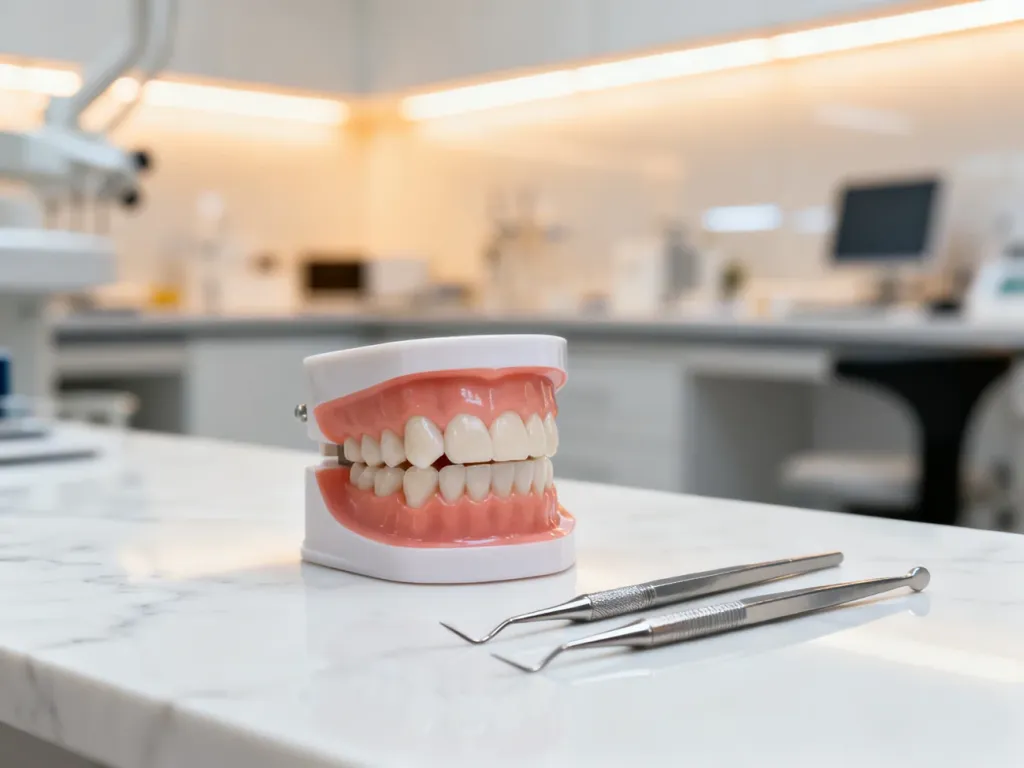 Profesjonalny model dentystyczny oraz precyzyjne narzędzia na biurku w nowoczesnym laboratorium protetycznym.