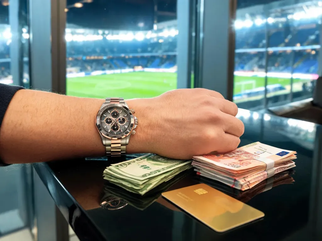 Luksusowy zegarek na tle banknotów i stadionu piłkarskiego, symbolizujący ogromne zarobki piłkarza jak Ronaldo