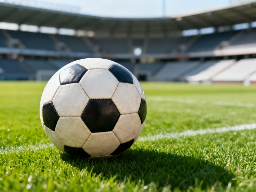 Profesjonalna piłka nożna leżąca na murawie stadionu w oczekiwaniu na mecz.
