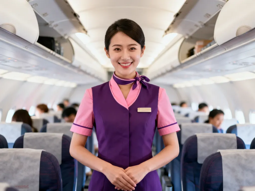 Uśmiechnięta stewardessa Wizzair w fioletowo‑różowym uniformie w przejściu samolotu, podkreślająca profesjonalizm obsługi