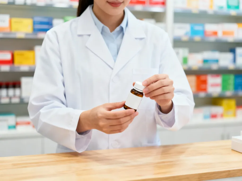 Technik farmacji w białym fartuchu przygotowujący lek w profesjonalnej aptece.