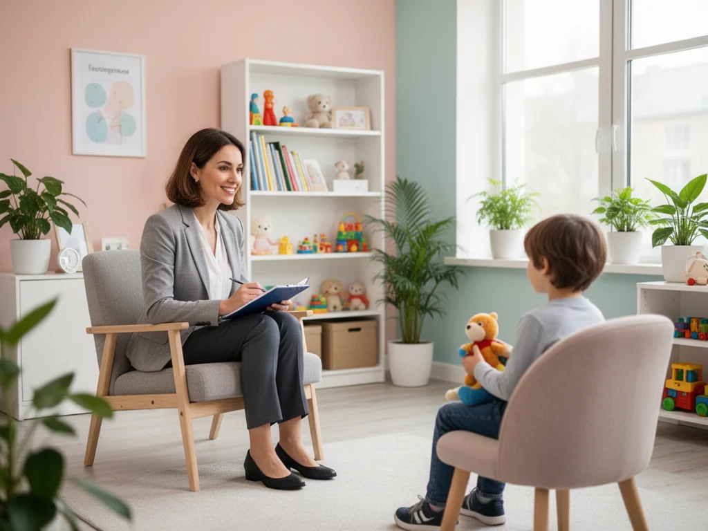 Psycholog dziecięcy rozmawia z dzieckiem w nowoczesnym, przyjaznym gabinecie, podkreślając spokojną, profesjonalną atmosferę.