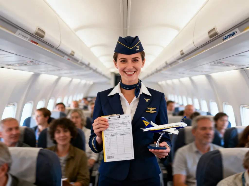 Uśmiechnięta stewardessa Ryanair w kabinie samolotu trzyma model samolotu i dokument symbolizujący pensję i dodatki
