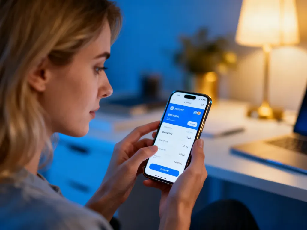 Kobieta wykonująca płatność online na smartfonie w przytulnym domowym biurze.