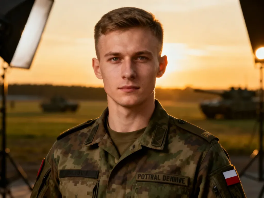 Żołnierz Wojsk Obrony Terytorialnej w mundurze polowym na tle poligonu podczas zachodu słońca.