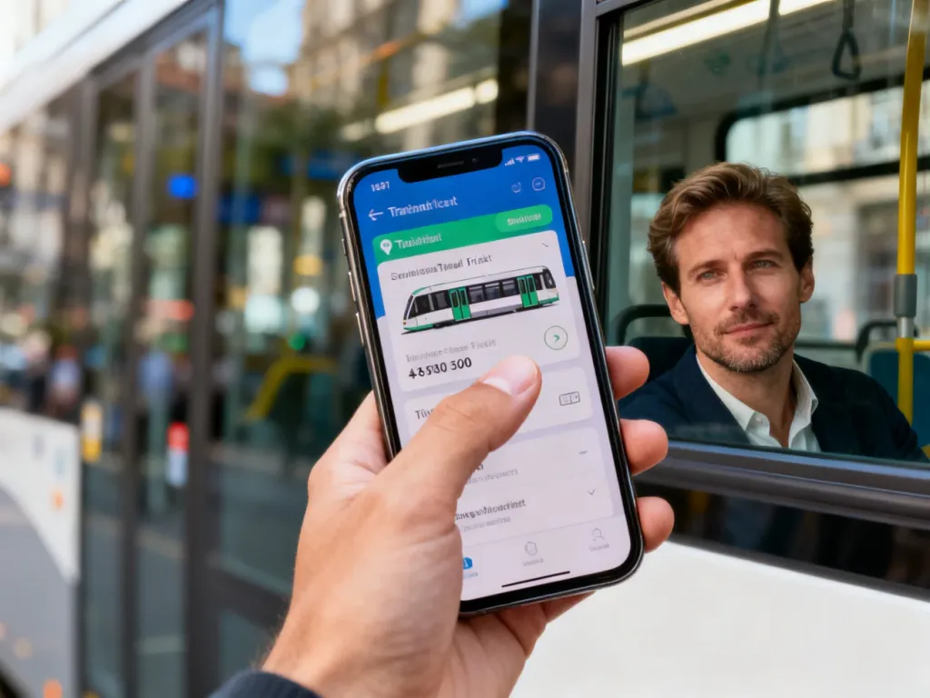 Dłoń trzymająca smartfon z otwartą aplikacją do zakupu biletów komunikacji miejskiej wewnątrz nowoczesnego tramwaju.