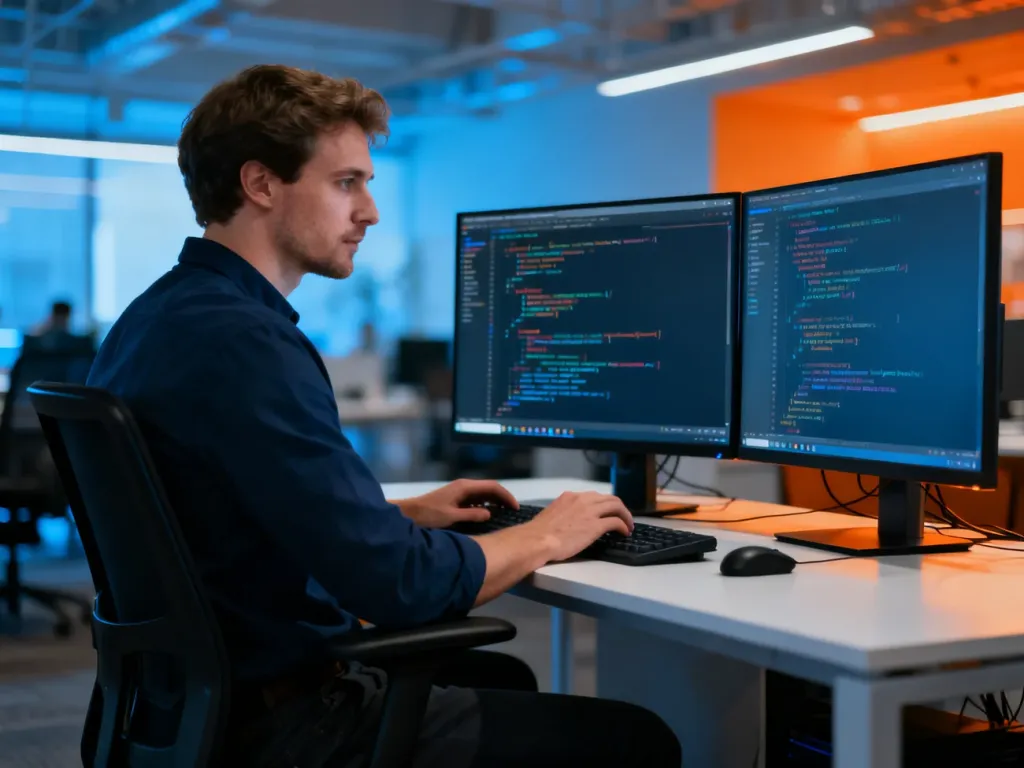 Programista skupiony na pracy przy dwóch monitorach w nowoczesnym biurze typu open space.