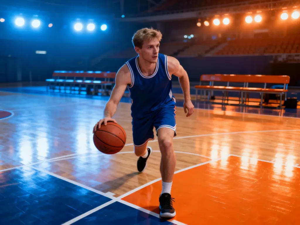 Koszykarz prowadzący piłkę na parkiecie podczas meczu w hali sportowej.