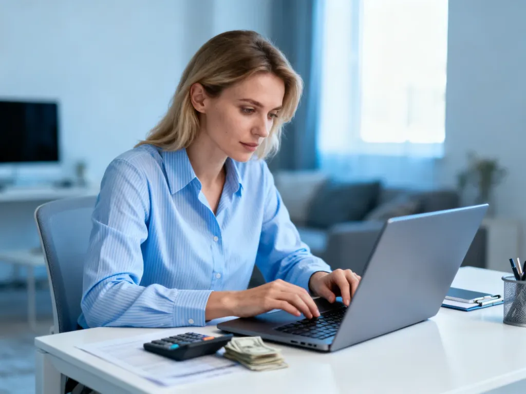 Kobieta przy laptopie w domowym biurze, zajmująca się płatnościami online w profesjonalnym i jasnym wnętrzu.